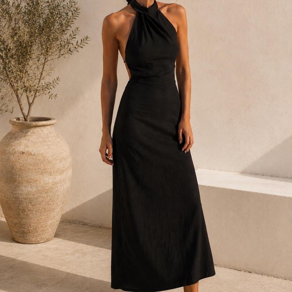 Peppermayo Black Linen Blend Backless Halter Maxi Dress US 4 AU 8